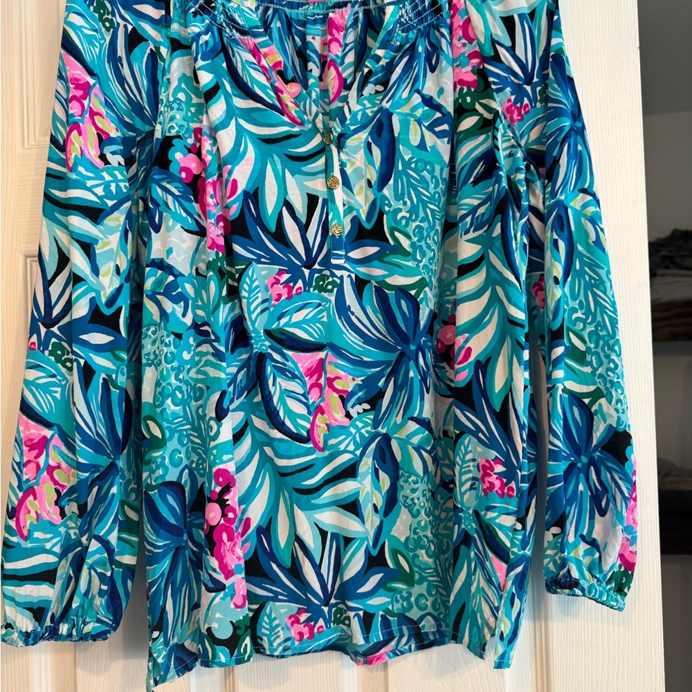 Lilly Pulitzer Elsa Vibrant Blue and Pink Floral Blouse